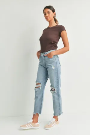 90's Cropped Distressed Straight Light Denim