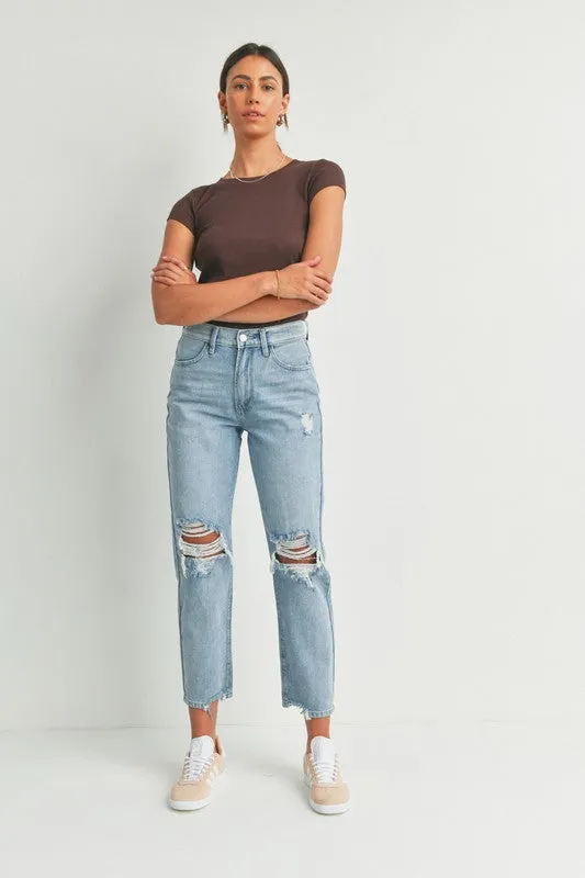 90's Cropped Distressed Straight Light Denim