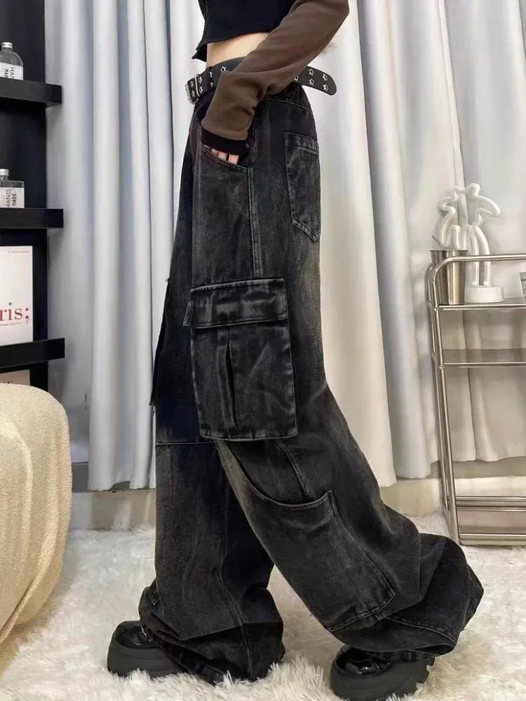 Black Cargo Jeans Women Baggy Pocket Slouchy Wide Leg Denim Pants