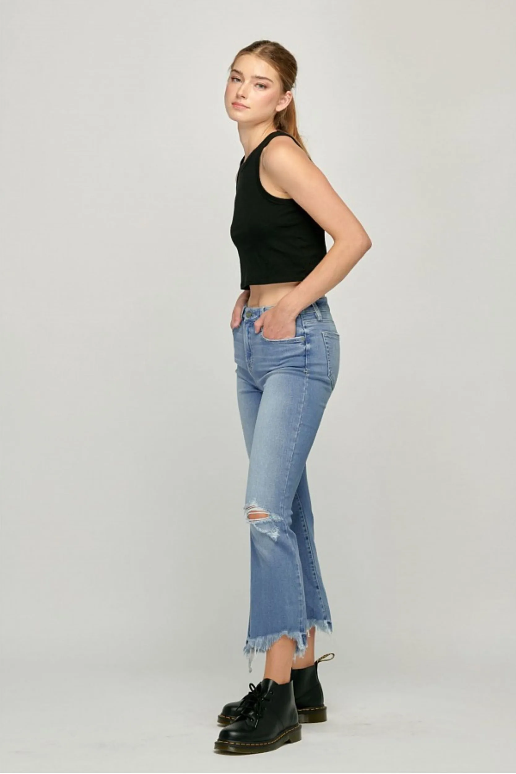 Hidden Jeans Happi Crop Flare With Frayed Uneven Hem In Medium Wash