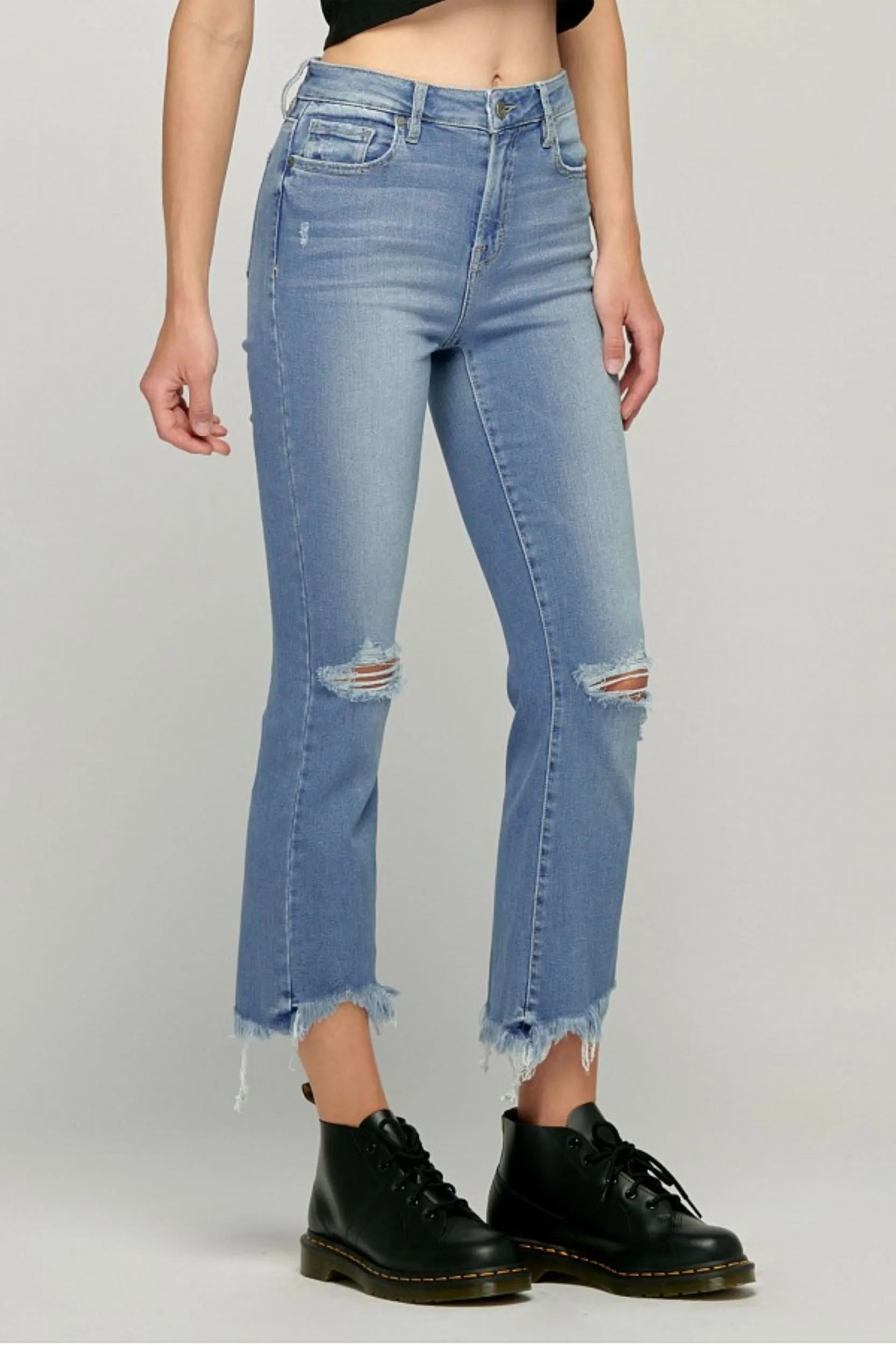Hidden Jeans Happi Crop Flare With Frayed Uneven Hem In Medium Wash