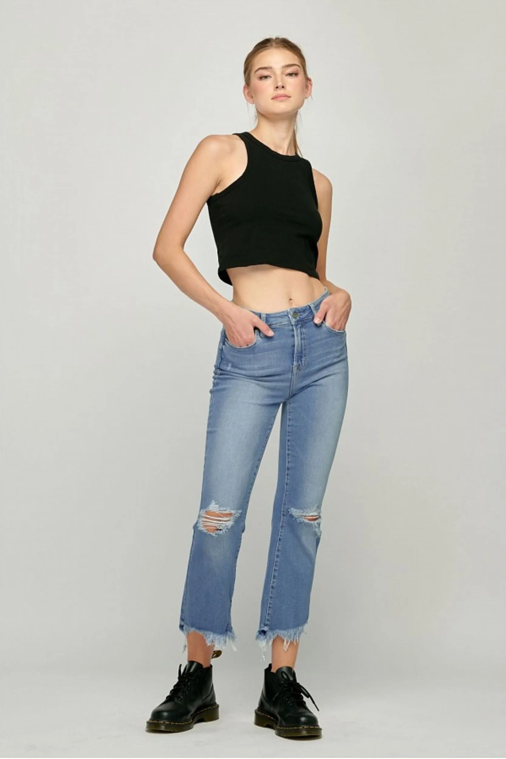 Hidden Jeans Happi Crop Flare With Frayed Uneven Hem In Medium Wash