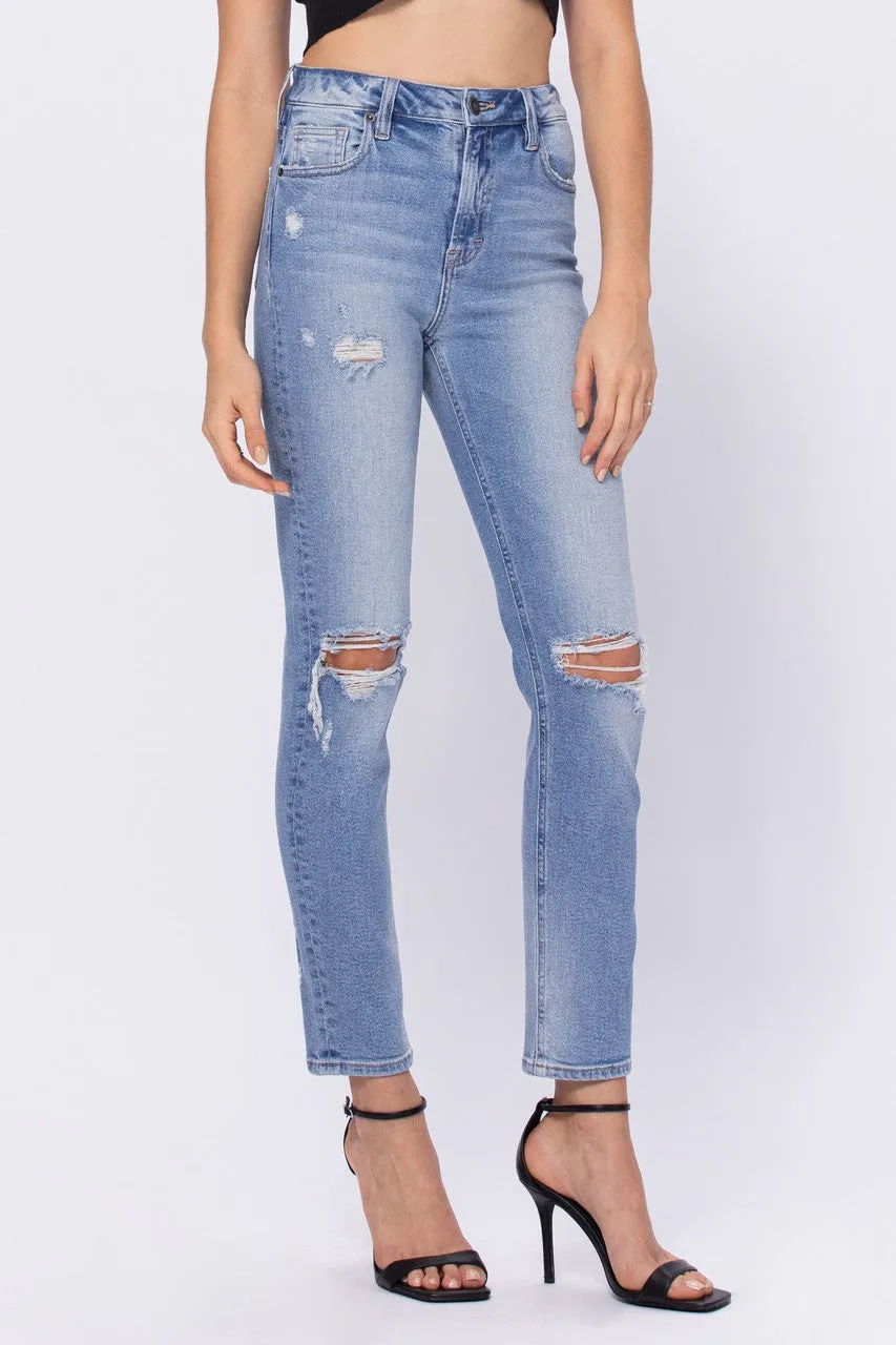 Hidden Medium Wash Classic Distressed Mom Jean