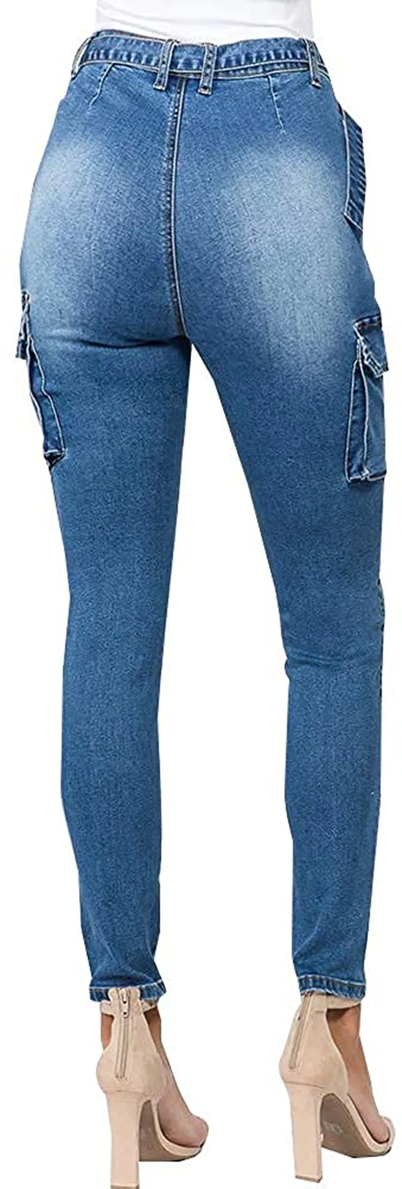 LONGBIDA High Waisted Pull On Stretch Denim Skinny Cargo Jeans for Women