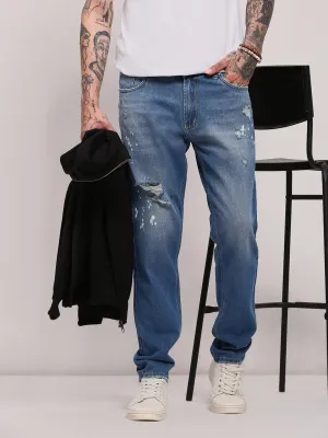 Men Blue Ripped & Splattered Mid-Wash Jeans