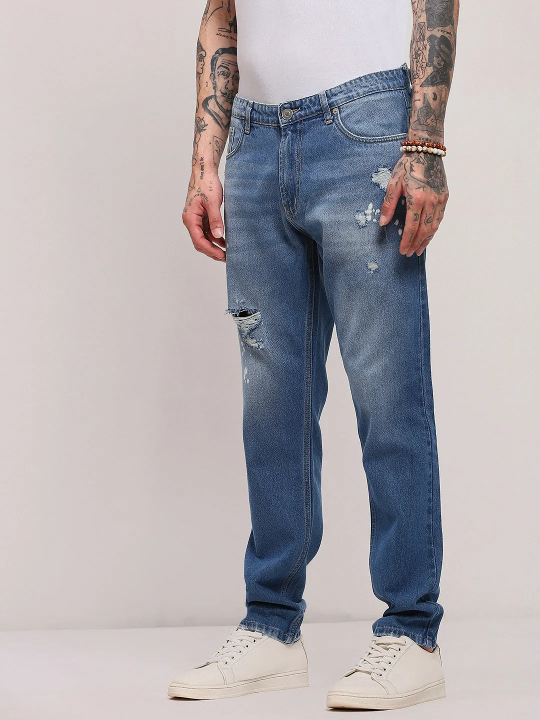 Men Blue Ripped & Splattered Mid-Wash Jeans