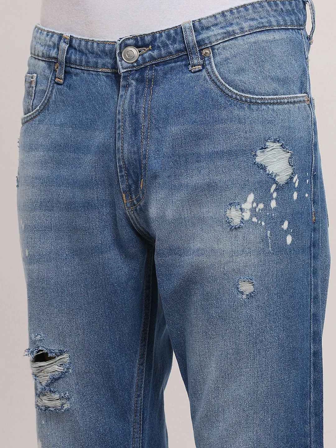 Men Blue Ripped & Splattered Mid-Wash Jeans