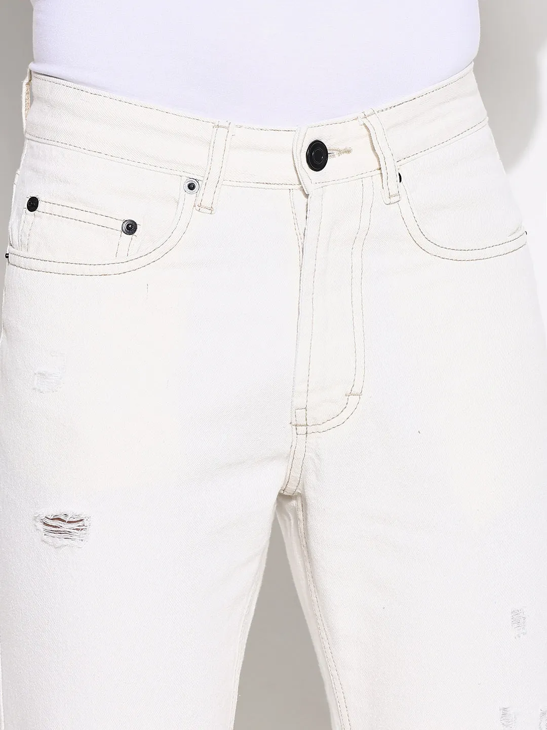 Men White Comfort Slim Fit Low-Rise Slash Knee Acid Wash Jeans