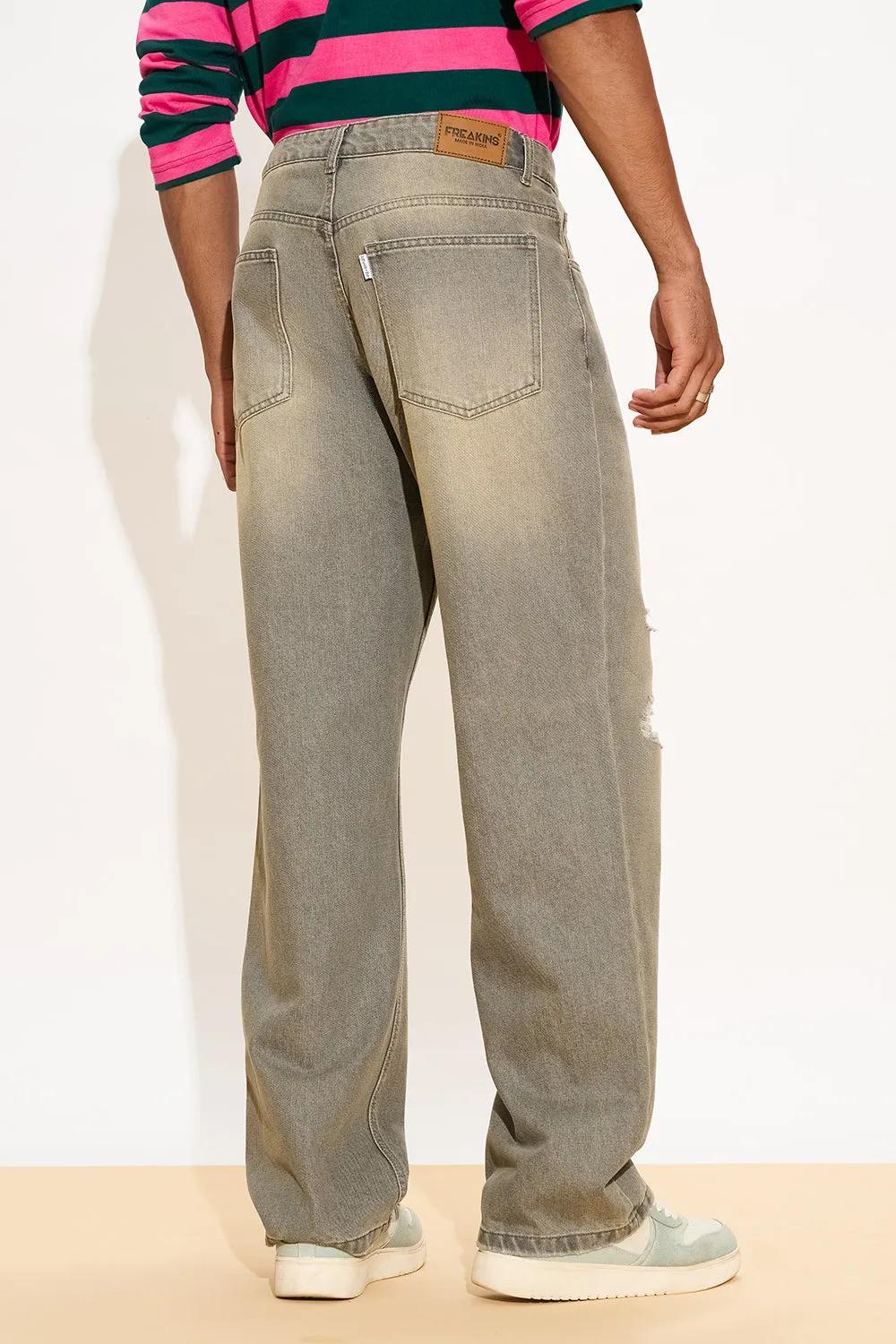 Olive Grey Ripped Men's Straight Fit Jeans