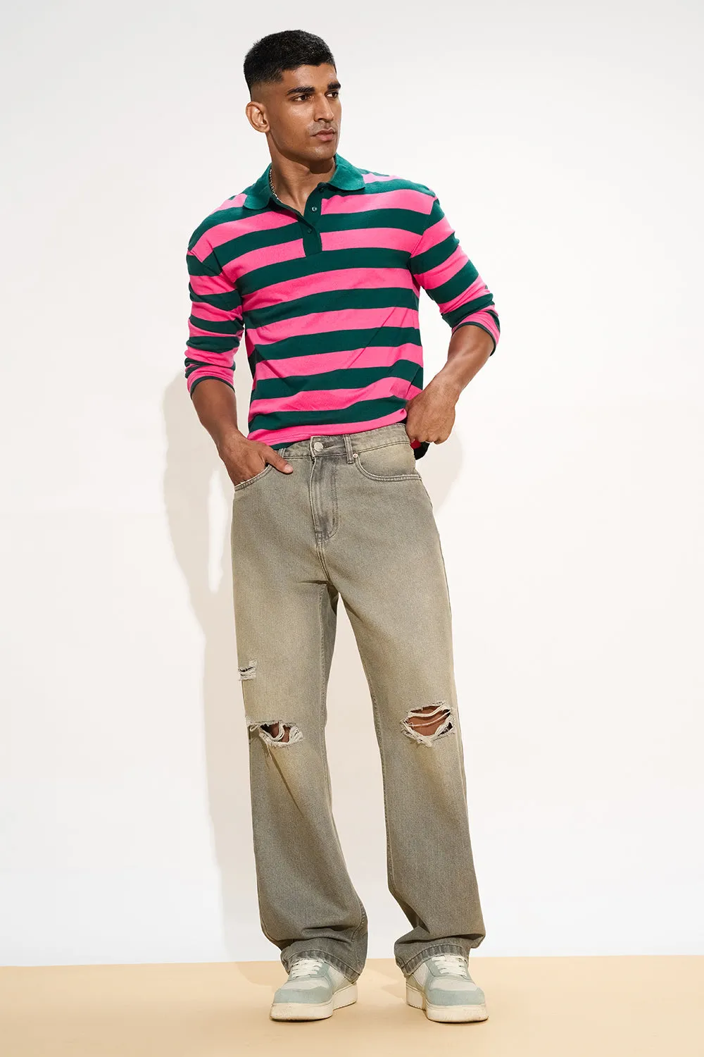 Olive Grey Ripped Men's Straight Fit Jeans
