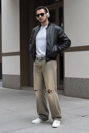 Olive Grey Ripped Men's Straight Fit Jeans
