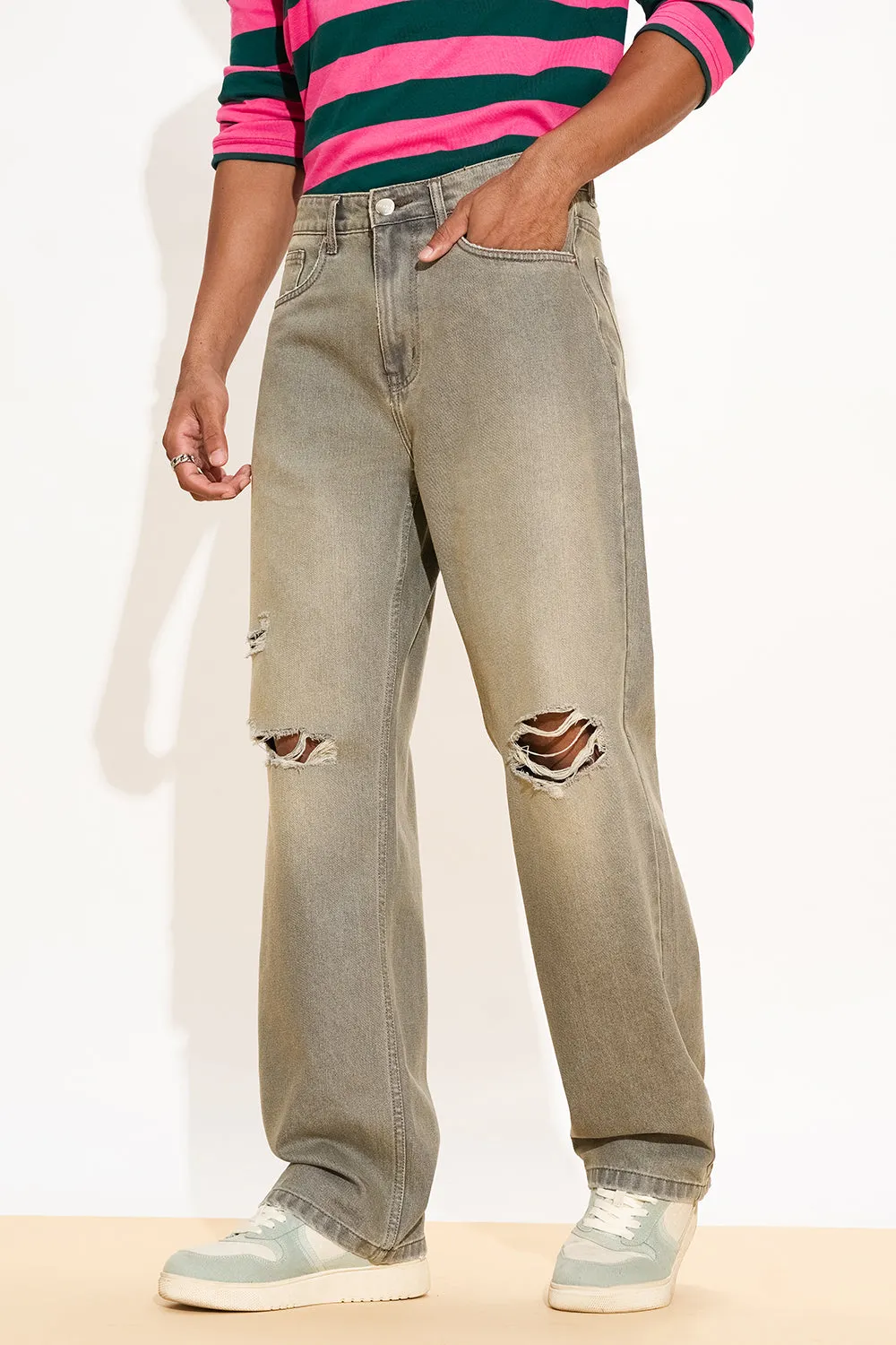 Olive Grey Ripped Men's Straight Fit Jeans