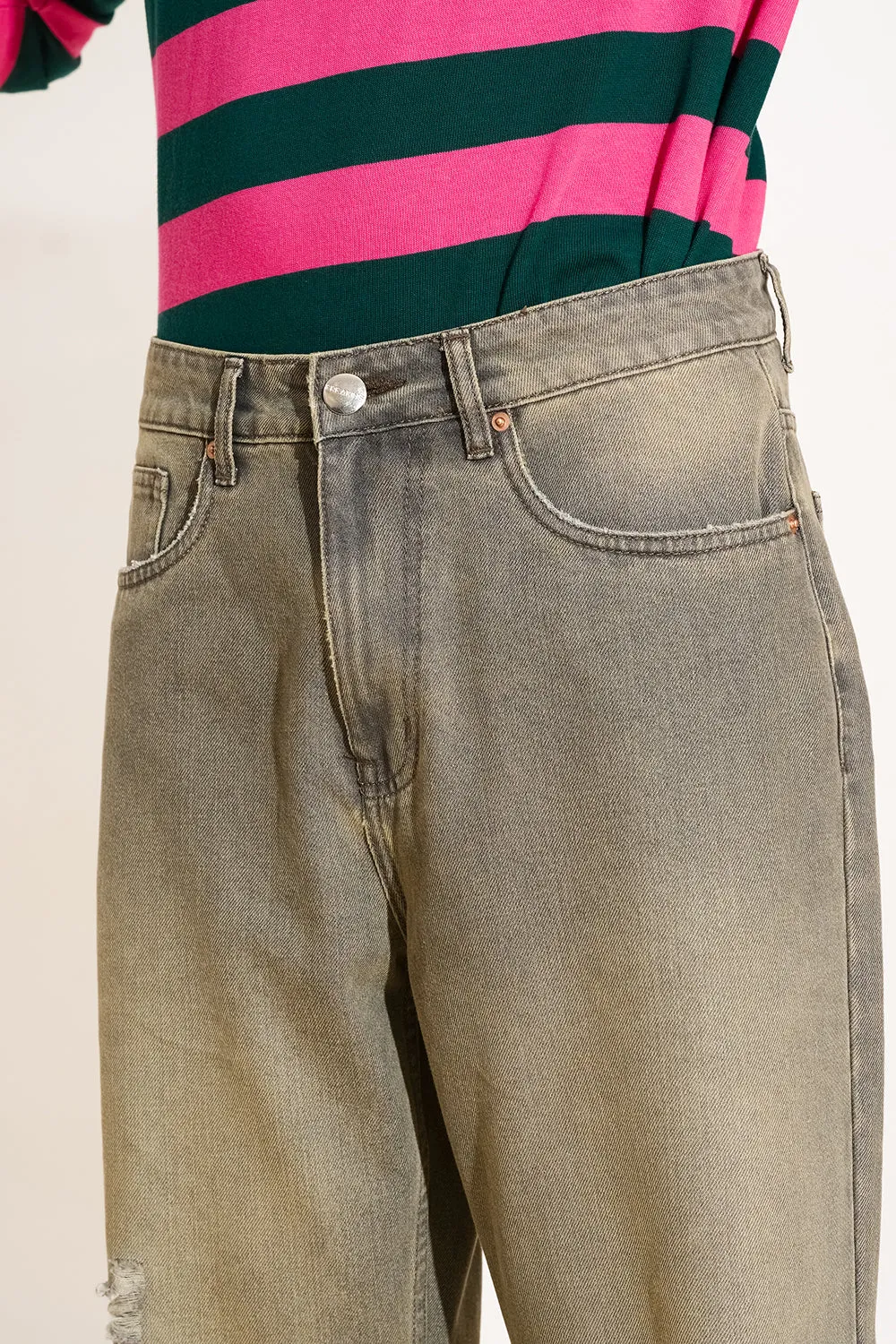 Olive Grey Ripped Men's Straight Fit Jeans