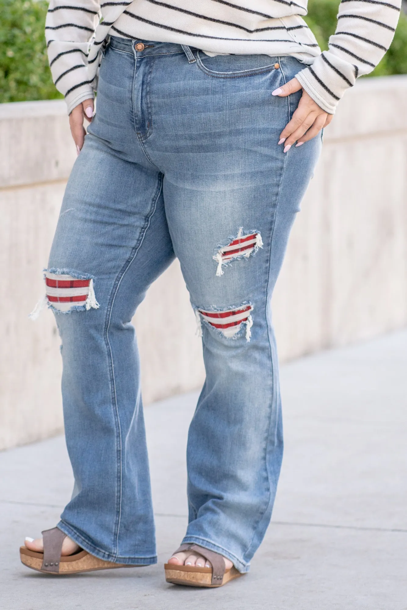 Plus Size Plaid Patch Mid Rise Boot Cut