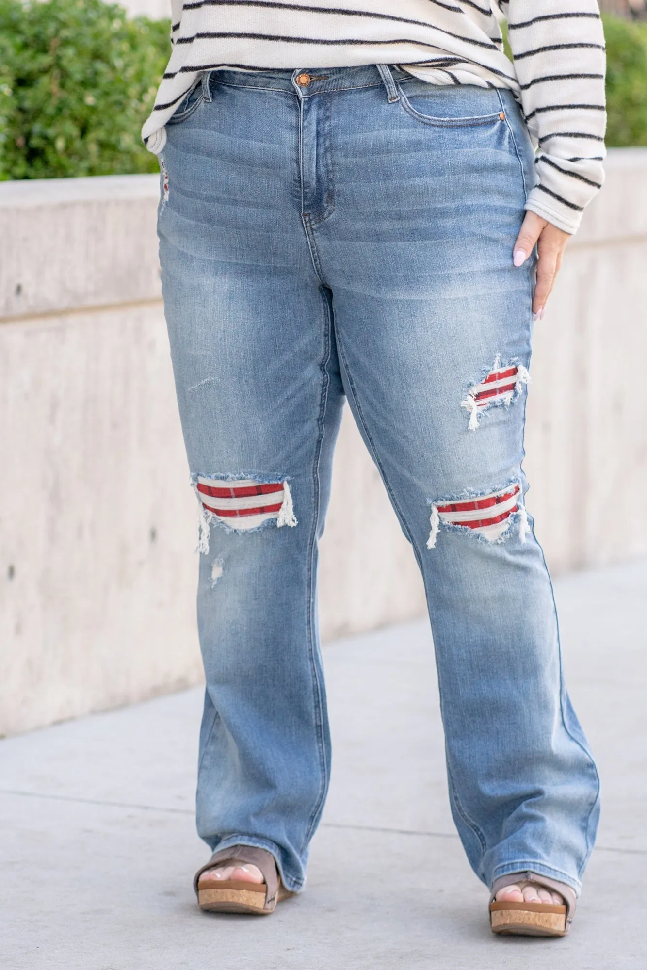 Plus Size Plaid Patch Mid Rise Boot Cut