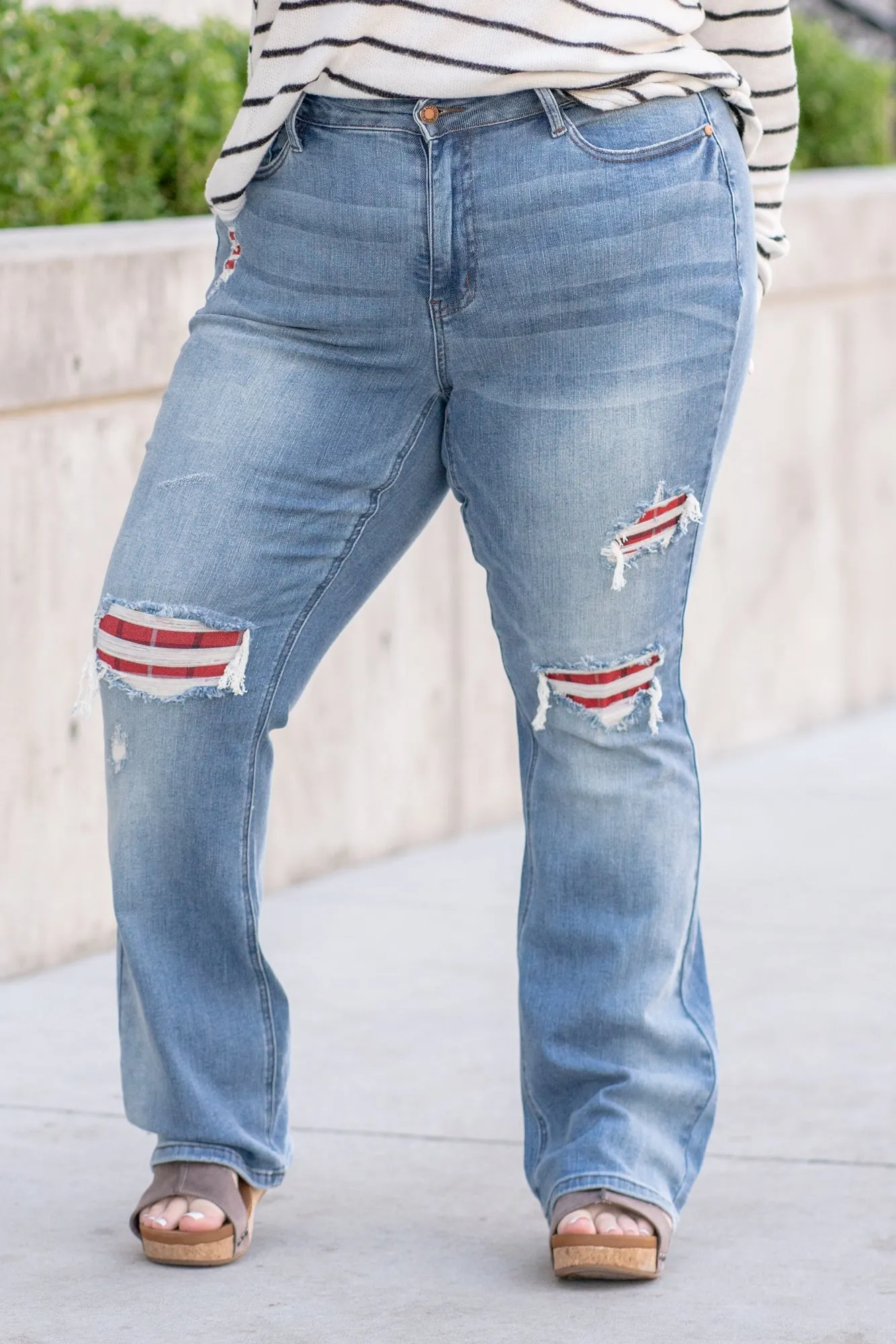 Plus Size Plaid Patch Mid Rise Boot Cut