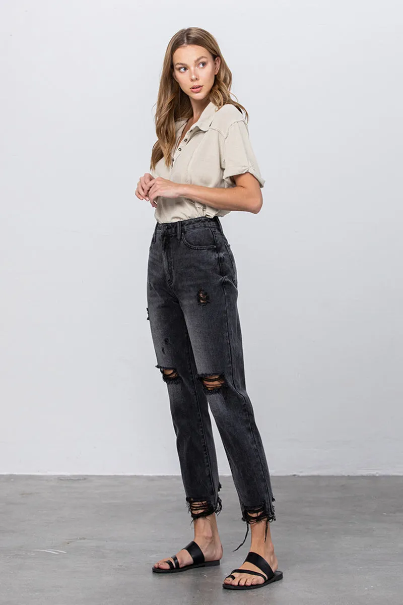Pure Black Mom Fit Ankle Jeans