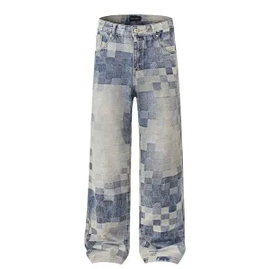 Street Washed Plaid Loose Jeans