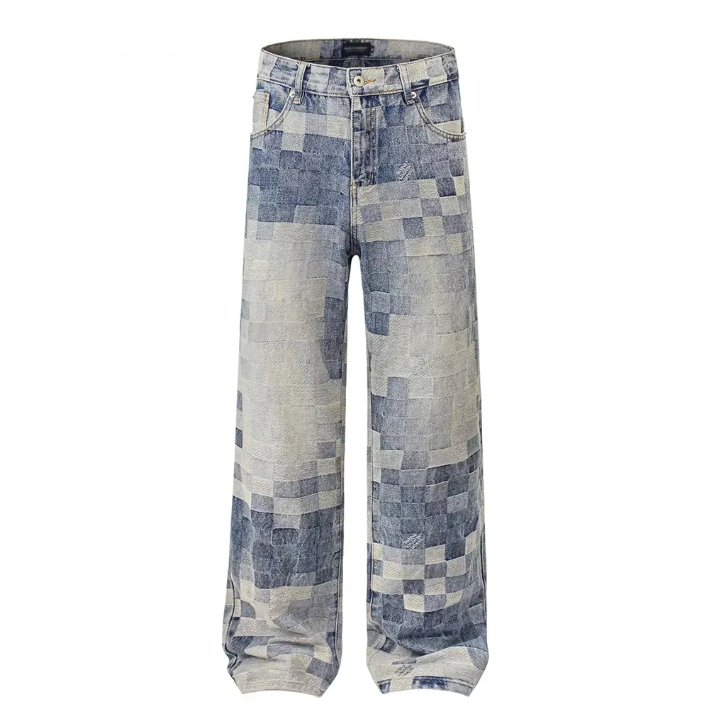 Street Washed Plaid Loose Jeans