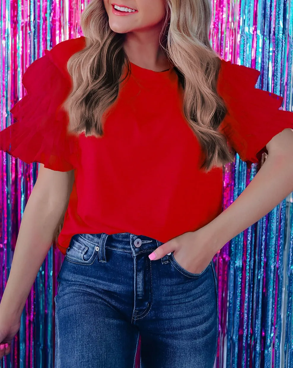Tulle Ruffle Short Sleeve Blouse