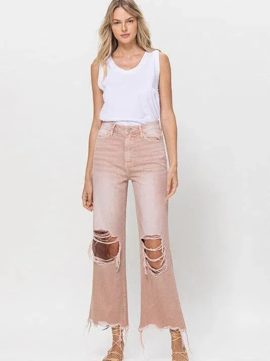 VERVET by Flying Monkey Vintage Distressed High Waist Flare Crop Jeans in Rose Pink