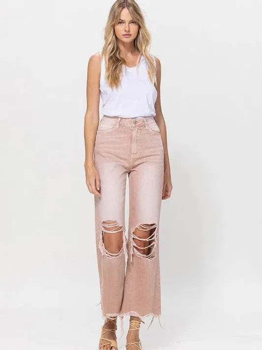 VERVET by Flying Monkey Vintage Distressed High Waist Flare Crop Jeans in Rose Pink