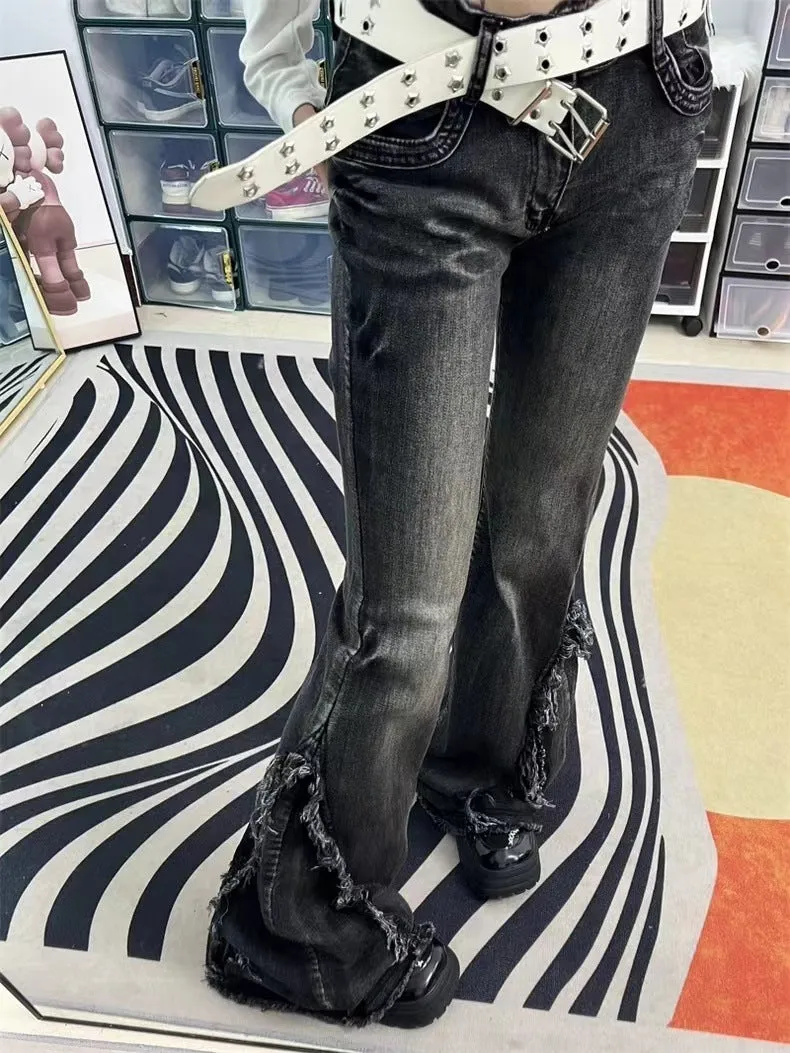 Wenkouban Y2K Black Low Rise Flare Jeans with Fringes