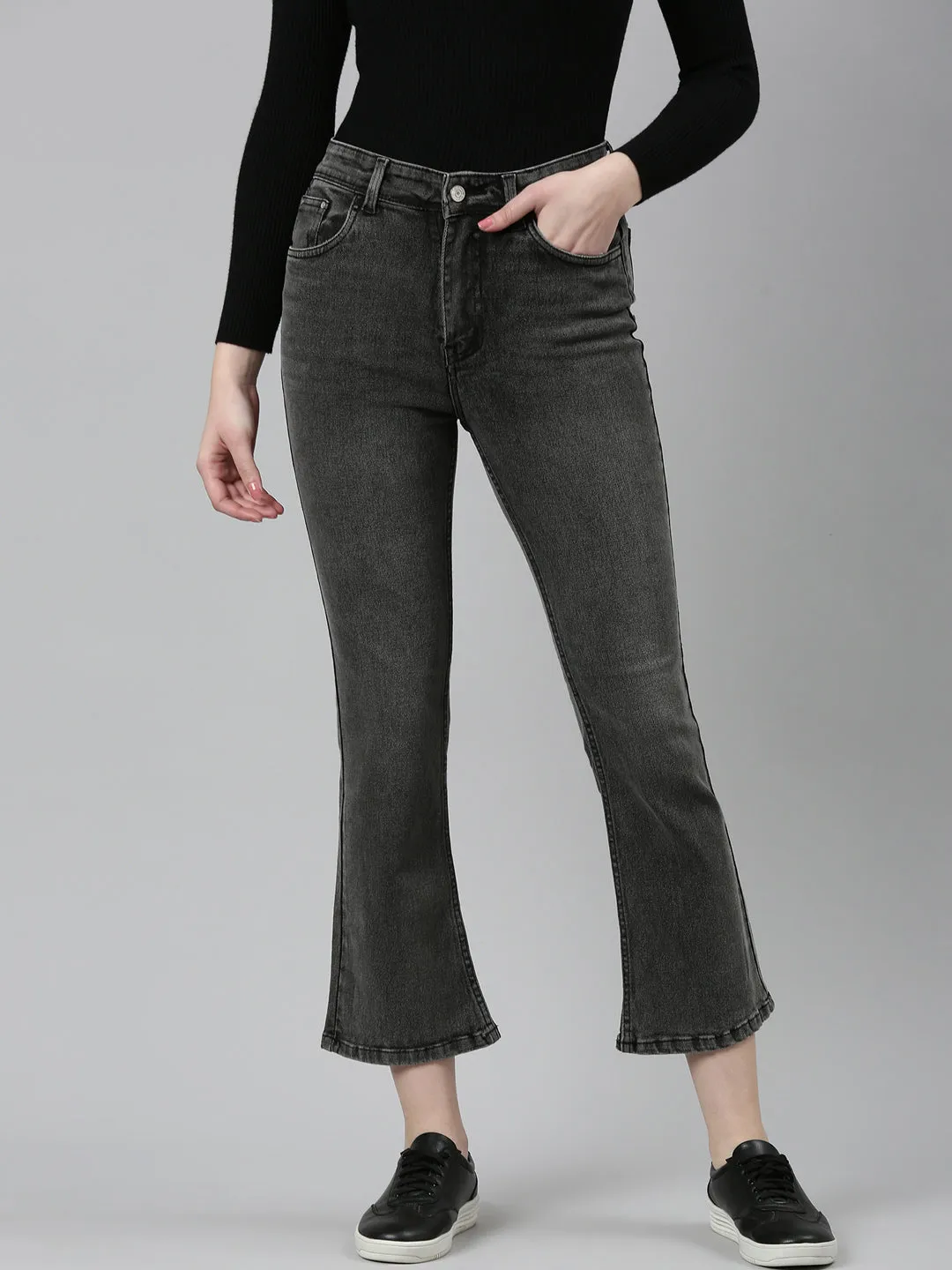 Women Grey Jean Bootcut Light Fade High-Rise Denim Jeans