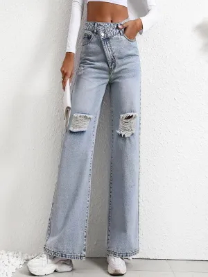 Women Loose Wide Leg Ripped Jeans